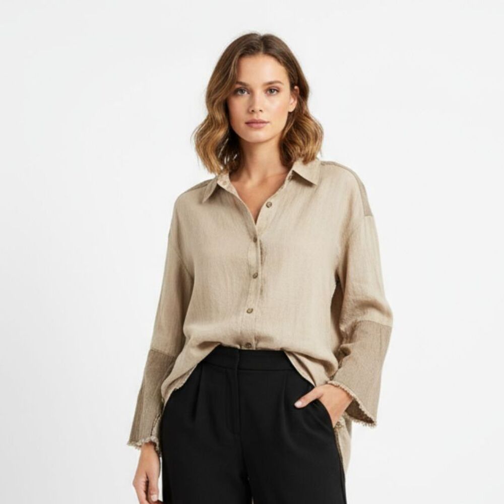 XCVI 100% Linen Tan Long Sleeve Button Front Rustic Raw Hem Top S